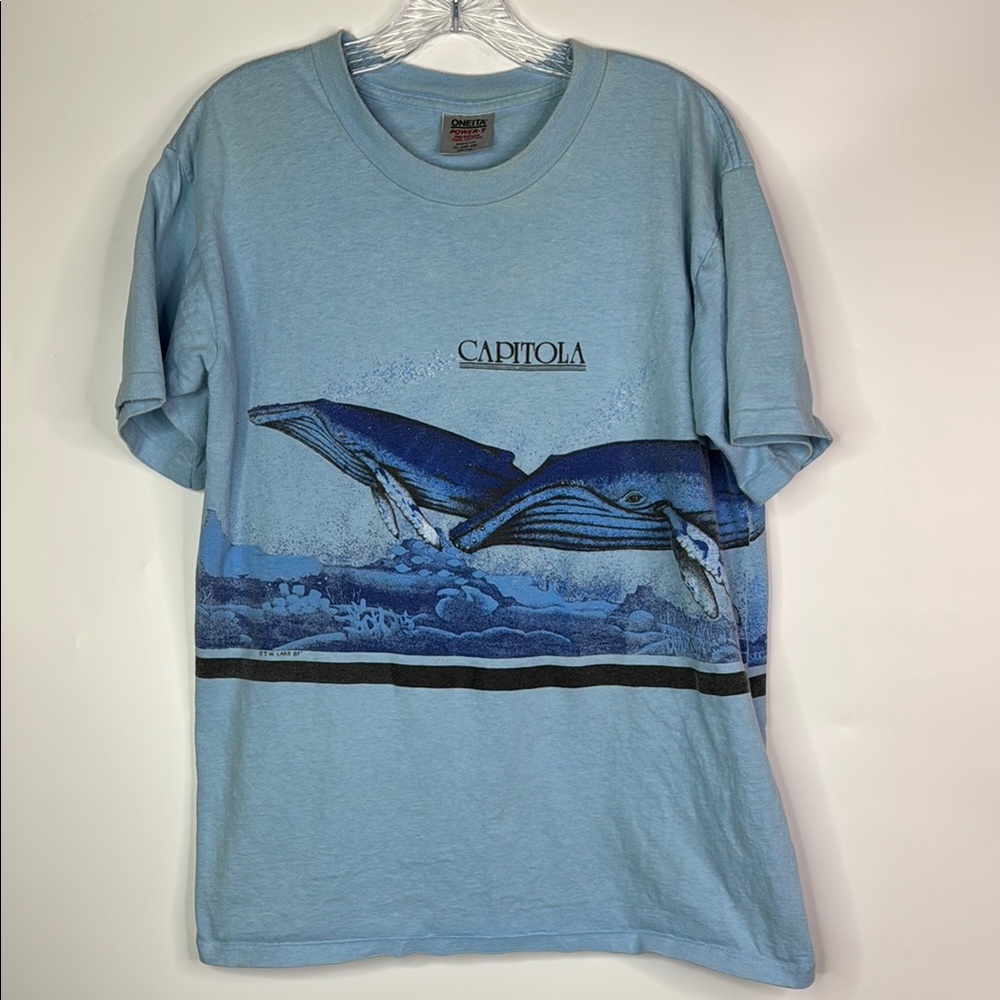Vintage Oneitea Capitola Whale Diver Blue AOP Tshirt Size XL 1987